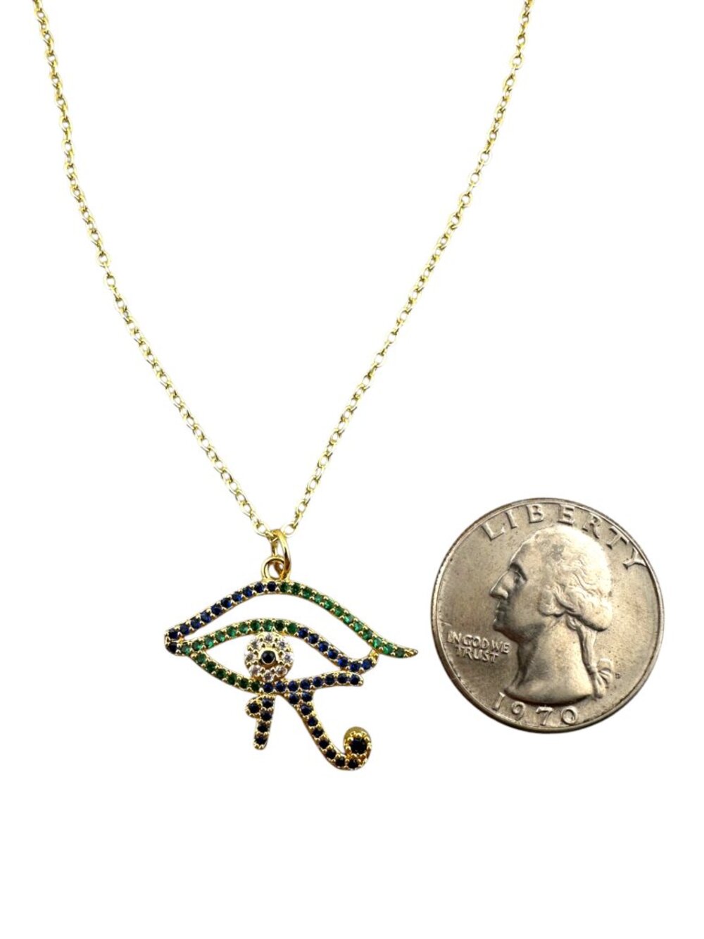 Eye of Horus Necklace 18K Gold Filled Egyptian Pendant Blue Green 16-18" - Picture 8 of 11